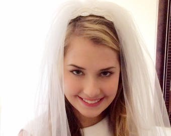 White wedding veil, vintage two tier white wedding veil, sequined and beaded comb headband, edged white veil.