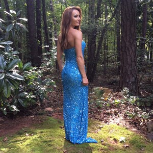 Blue Sequined dress, strapless dress, size 2-4 ,long side slit, vintage blue dress. Vintage mint condition. image 4