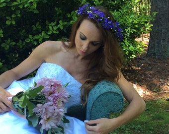 Purple flower crown / headband / pearls  / wedding / bridal wreaths / bridesmaids / boho / floral halo / hair accessories / woodland floral