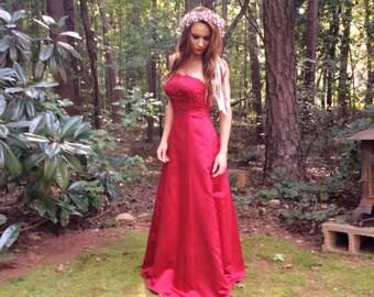 Red dress, long formal strapless red dress with embroidered top, vintage size 8 , holiday dress, all occasion dress.