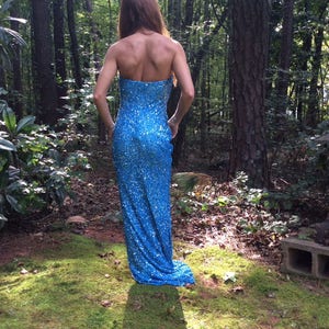 Blue Sequined dress, strapless dress, size 2-4 ,long side slit, vintage blue dress. Vintage mint condition. image 2