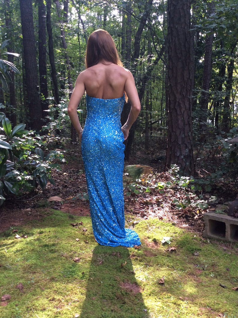 Blue Sequined dress, strapless dress, size 2-4 ,long side slit, vintage blue dress. Vintage mint condition. image 2