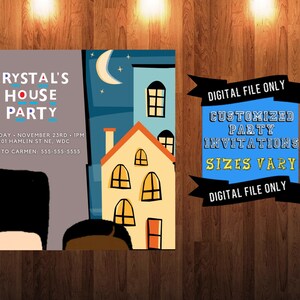 Op de afbeelding: Een digitaal bestand voor een huisparty-uitnodiging. De uitnodiging bevat een cartoonillustratie van een huis met ramen en een halve maan aan de hemel. De tekst op de uitnodiging luidt "Crystal's House Party" en bevat de datum, tijd en locatie van het feest. De tekst "Alleen digitaal bestand" staat rechts op de afbeelding.