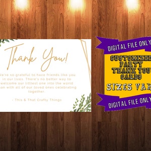 Peut inclure: Un fichier numérique pour une carte de remerciement de fête personnalisée avec un cadre géométrique doré et un feuillage vert. Le texte dit "Merci !" et "Nous sommes si reconnaissants d'avoir des amis comme vous dans nos vies. Il n'y a pas de meilleure façon d'accueillir notre plus petit dans le monde que de célébrer avec tous nos proches. - This & That Crafty Things."