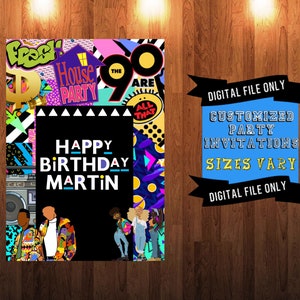 Puede incluir: Una invitación digital para una fiesta con temática de los 90 con fondo negro y gráficos coloridos. El texto "Happy Birthday Martin" está en el centro de la invitación. La invitación está rodeada de imágenes de una radiocassette, una casa y las palabras "Fresh" y "The 90s are all that".