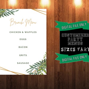 Peut inclure: Un menu de brunch imprimable numérique avec un design de feuilles dorées et vertes. Le menu comprend du poulet et des gaufres, des œufs, du bacon, du gruau et des saucisses. Le texte "Fichier numérique uniquement" et "Menus de fête personnalisés" est également inclus.