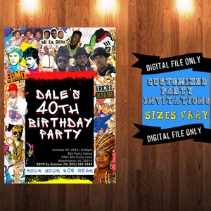 Op de afbeelding: Een digitale uitnodiging voor een feest met een collage van hiphop-artiesten uit de jaren 80 en de tekst "Dale's 40th Birthday Party". De uitnodiging bevat de datum, tijd, locatie en RSVP-informatie. De tekst "Rock Your 80s Gear" staat onderaan de uitnodiging.