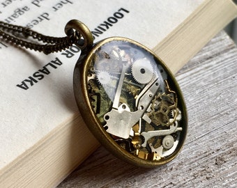 Spare Clock Parts Resin Necklace - Antique Bronze Oval Pendant - Vintage Accessories