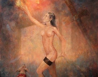 ¿Te atreverías? - Pintura al óleo figurativa original, obra de arte surrealista de fantasía de Darko TOPALSKI