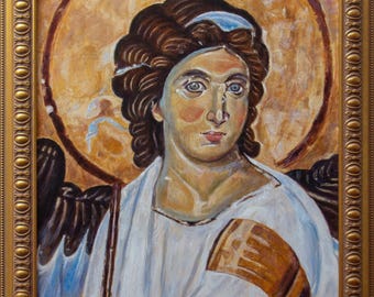 Ángel Blanco - Retrato - ENMARCADO 82 x 62 cm Pintura al óleo original religiosa griega ortodoxa bizantina de Darko TOPALSKI