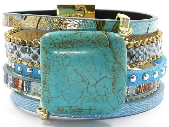 Cuff Bracelet Withturquoise Leather & Stone Design - Etsy Cuff Bracelet Withturquoise Leather & Stone Design - Etsy