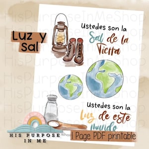 Może przedstawiać: Drukowalna strona PDF z dwoma akwarelowymi ilustracjami. Pierwsza ilustracja przedstawia latarnię, buty i tekst "Ustedes son la Sal de la Vietta". Druga ilustracja przedstawia solniczkę, łyżkę i tekst "Ustedes son la Luz de este Mundo".