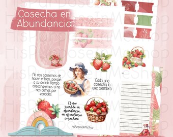 May include: Printable planner stickers with a pink and green color scheme. The stickers feature strawberries, a basket of strawberries, a woman holding a basket of strawberries, and the text "Cosecha en Abundancia".