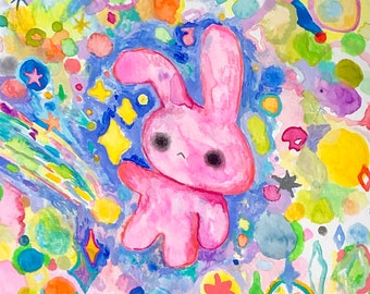 Pink bunny in stars, original artwork