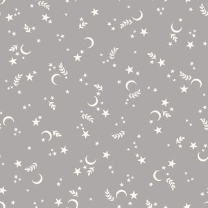May include: A seamless pattern featuring white celestial elements on a gray background. The design includes stars, crescent moons, and sprigs, creating a whimsical and dreamy aesthetic. Ideal for fabric or wallpaper.