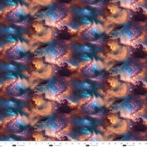 May include: Fabric with a repeating pattern of a nebula. The design features swirling clouds in shades of orange, brown, blue, and purple, with scattered stars. The overall effect is a vibrant and cosmic design.