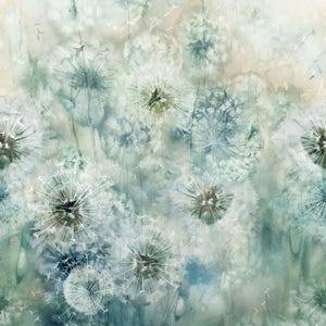 May include: An abstract watercolor painting featuring dandelions in shades of blue, green, and white. The artwork has a dreamy, ethereal quality with soft, blurred details and delicate seed heads. The background has a textured, mottled appearance.