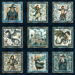 May include: A fabric panel featuring nine framed illustrations of fantasy characters and scenes. The images include a wizard, a fairy, an archer, a dragon, a castle, and a knight. The color palette is dominated by blues, greens, and gold, with intricate floral patterns.