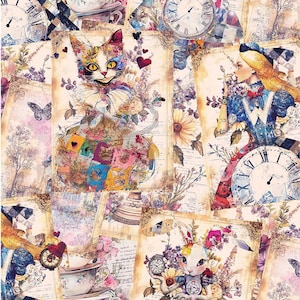 May include: A collage-style design featuring illustrations of a cat, Alice in Wonderland, clocks, butterflies, and floral elements. The artwork has a vintage, storybook aesthetic with a muted color palette of beige, purple, and touches of red and yellow.