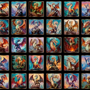 Peut inclure: Une collection de 25 impressions d'art carrées représentant divers dragons colorés. Chaque dragon est représenté dans une pose unique, avec des ailes et des écailles vibrantes, sur fond de paysages et d'environnements fantastiques.