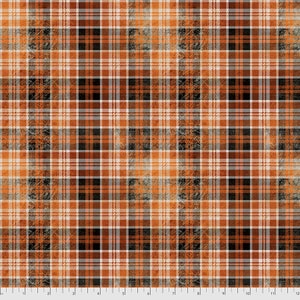 May include: Orange, black, and white plaid fabric with a distressed look. The fabric has a subtle texture and a vintage feel.