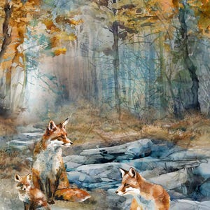 May include: A watercolour painting depicting a forest scene with three foxes. The foxes have reddish-brown fur and white markings. The background features trees with autumnal leaves and a stream running through the rocky terrain. The artwork has a soft, painterly style.