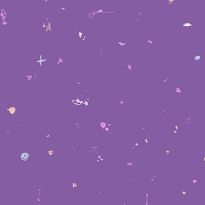 May include: A purple background with scattered, colorful scribbles and small shapes. The design includes various pastel colors like pink, yellow, and blue, creating a playful and artistic pattern. The overall effect is whimsical and abstract.