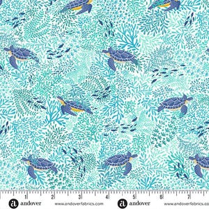 May include: A fabric pattern featuring sea turtles swimming among aquatic plants and small fish. The turtles have blue shells and yellow accents, set against a backdrop of teal and white foliage. The design is a repeating pattern.