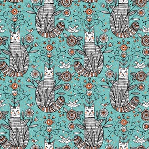 May include: A repeating pattern with illustrated cats, birds, and flowers on a teal backdrop. The cats have striped bodies and ornate tails, set amongst detailed flowers and birds. The design has a hand-drawn, folk art aesthetic.
