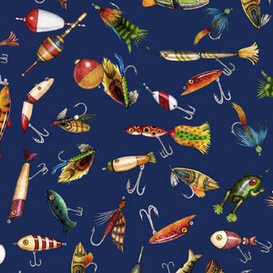May include: A blue background featuring a collection of colourful fishing lures. The lures are crafted from feathers, metal and plastic. Some of the lures have realistic fish designs, while others are more abstract.