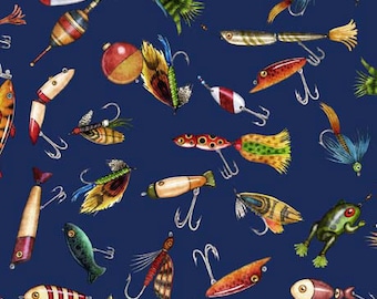 Fish Tails - Fishing Lures (30070-N) in Navy for QT Fabrics HALF YARD