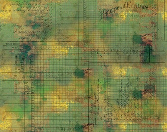 May include: A green and yellow textured background with a grid pattern and handwritten text in black. The text includes "TIME BOOK", "RECUEIL METHODIQUE", and "Principes d'Ecriture".