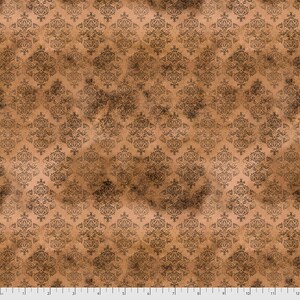 May include: A seamless pattern of a brown damask design on a light brown background. The pattern is slightly faded and has a distressed look.