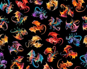 Dragon's Song - Scattered Dragons (31151 J) on Black for QT Fabrics HALF YARD