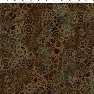 May include: A detailed, repeating pattern of bronze-colored gears of various sizes and designs. The gears are layered over a mottled background of brown, green, and rust-colored hues, creating a steampunk aesthetic. The image has a textured, aged appearance.