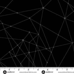 May include: Black fabric with a gray geometric pattern of interconnected lines and dots. The design creates a network-like appearance, suitable for various craft projects. The fabric has a ruler along the bottom edge.