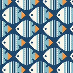 May include: A repeating pattern of stylized fish on a dark blue background. Each fish is white with light blue and orange accents. The fish have a geometric design, with a triangular tail and a small eye.