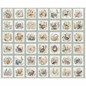 May include: A green and white patterned fabric with a repeating design of various animals, including rabbits, chickens, ducks, and birds. Each animal is surrounded by a wreath of leaves and flowers.