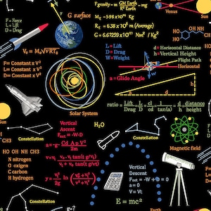 May include: A black background with colorful illustrations of space, physics formulas, and constellations. The image includes a rocket, a telescope, a calculator, and a diagram of a solar system. The text includes formulas for gravity, lift, drag, and velocity. The image is a visual representation of space exploration and physics.