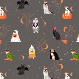 May include: A repeating pattern featuring Halloween-themed illustrations on a dark gray background. The design includes cats, dogs, moons, stars, and sunbursts. The animals are dressed in costumes, such as ghosts, witches, and vampires.