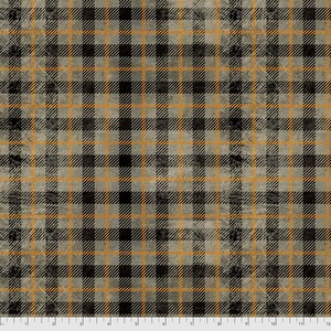 May include: A black and orange plaid fabric with a distressed, vintage look. The fabric has a subtle texture and a faded appearance.