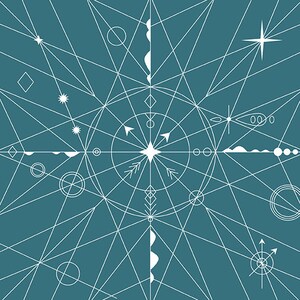 May include: Abstract geometric design with white lines and shapes on a teal background. The design features a compass with arrows pointing in all directions, stars, circles, and other geometric shapes.