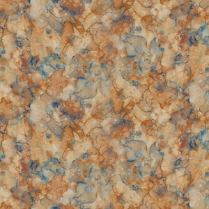 May include: Abstract pattern featuring a blend of colors, including shades of brown, blue, and cream. The design has a watercolor effect, with soft, blended shapes creating a textured appearance. Suitable for fabric or wallpaper.