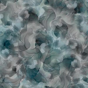 May include: Abstract watercolour pattern in teal, grey, and white. The design features swirling, cloud-like shapes with a marbled effect, creating a fluid and artistic aesthetic. Suitable for fabric or wallpaper applications.