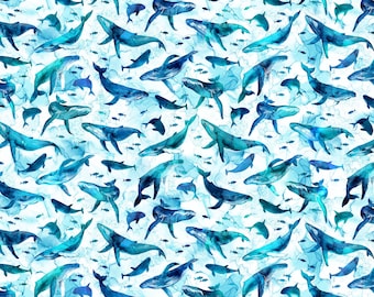 Deep Blue - Whales (DP28122-10) on White by Melanie Samra for Northcott Fabric HALF YARD