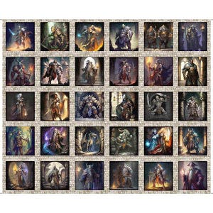 May include: A collage of 36 illustrations featuring fantasy characters in various poses and settings. The characters are depicted in a medieval style, with intricate details and vibrant colours.