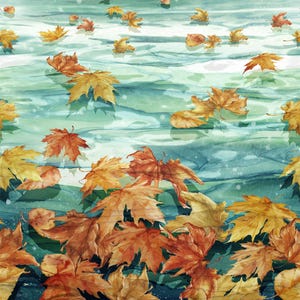 May include: A watercolour illustration depicting autumn leaves floating on water. The leaves are in shades of brown, orange, and yellow, set against a teal and blue backdrop. The image conveys a sense of peace and the changing seasons.