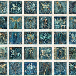 May include: A fabric panel featuring 30 square illustrations with fantasy themes. Each square has a blue and gold color scheme, depicting dragons, angels, wizards, castles, and other mythical figures. The overall design has a vintage, artistic style.
