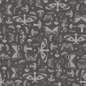May include: A seamless pattern featuring a repeating design of butterflies, moths, mushrooms, leaves, and small insects in shades of gray on a dark gray background. The illustrations have a hand-drawn, whimsical style.