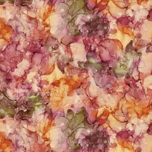 May include: Abstract floral pattern in shades of orange, pink, purple, and green. The design resembles watercolor or ink art, with blended colors and organic shapes. The overall effect is a vibrant and artistic floral design.